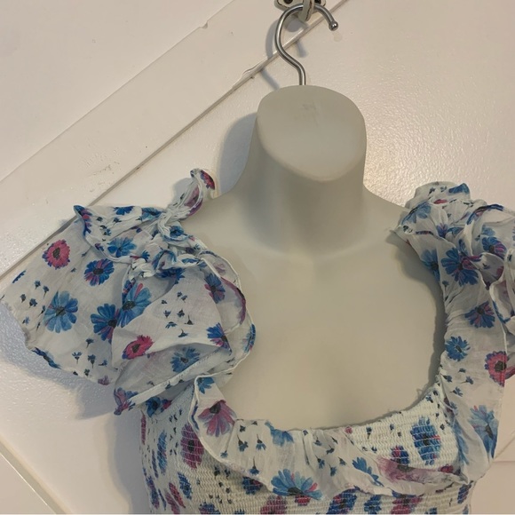 LoveShackFancy Kodie Floral Printed Smocked Off Shoulder Ruffle Mini Dress Sz M - Picture 4 of 8